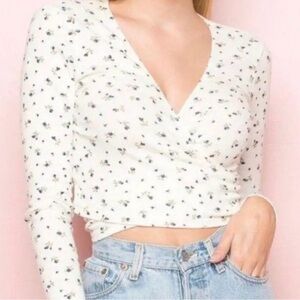 Brandy Melville Coco Floral Cream Long Sleeve Wrap Top